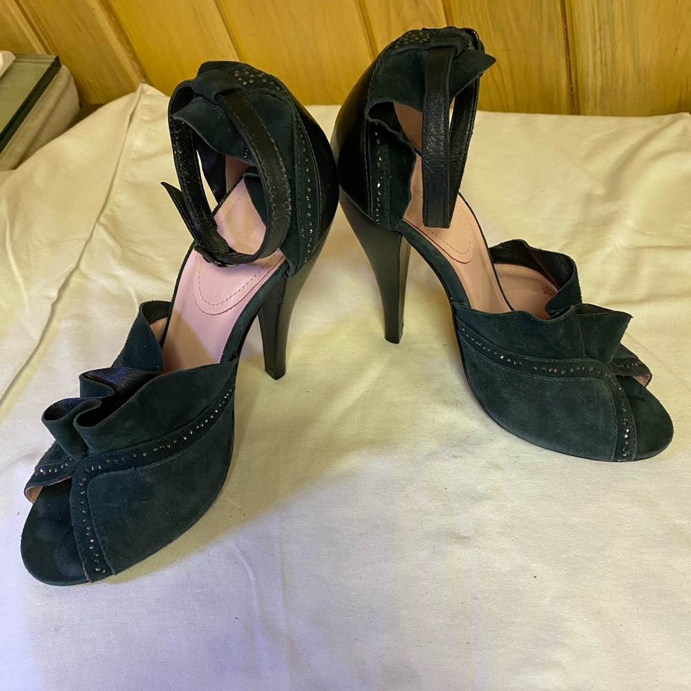 Rebecca Taylor Ruffle Crystal Accent Green Shoes